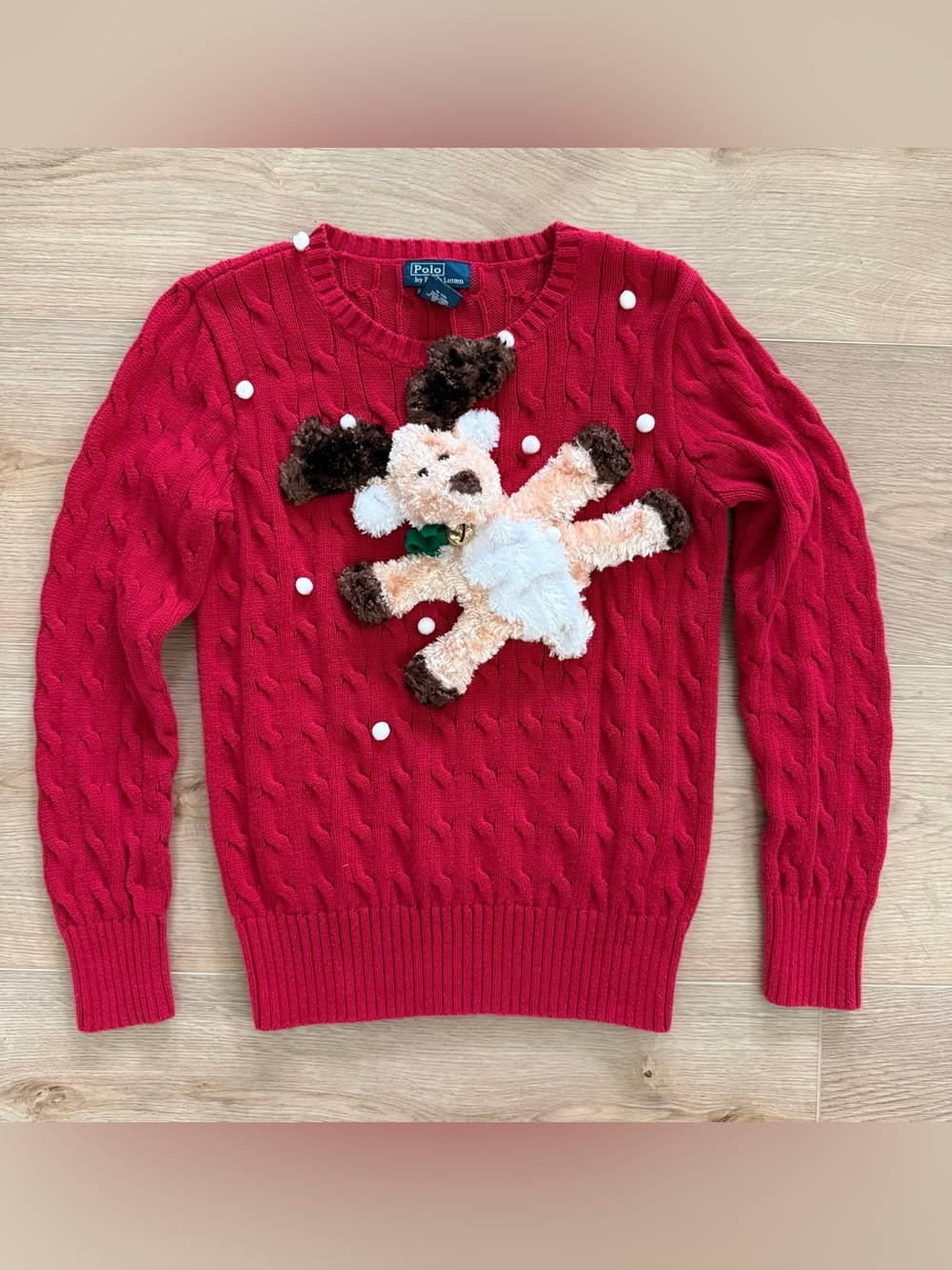 Polo Ralph Lauren 3D Plush Reindeer Christmas Cable Knit Sweater Red M 10-12